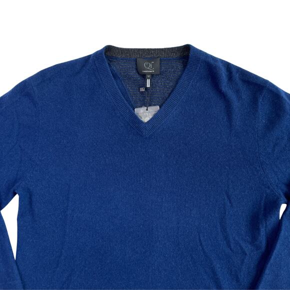 1-34 QI CASHMERE Men's Sweater V-Neck Blue 100% Cashmere Medium - Picture 3 of 11